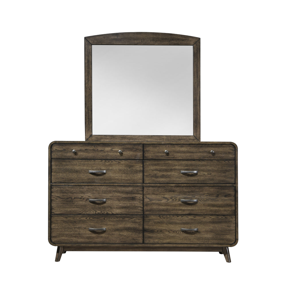 The Rex 8 Drawer Dresser & Mirror in Walnut Brown is a perfect blend of durability and style. This set includes a dresser and a mirror, both crafted from solid rubberwood, manufactured woods, and oak veneers, ensuring superior stability and longevity. The