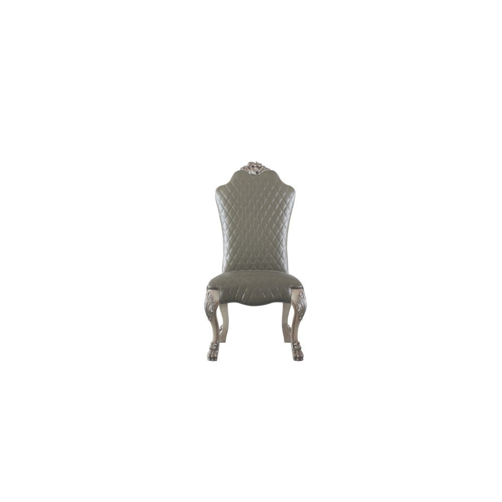 KD, Armless Chair (High Backrest) Stationary Seat: Standard Dining Height Padded SEAT & BACK: PU Padded Scalloped Apron Seat (Diamond Pattern & Welt Trim) Arched Backrest: Diamond Pattern Inside, Floral Crown & Nail-head Trim Armless Oversized Claw Leg wi