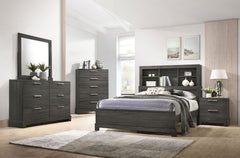 The Lantha bed boasts clean lines and features a rectangular bookcase headboard and low profile footboard in a unique mix of natural hardwood in a gray oak finish. Multiple open compartments on the headboard allow storage for anything from books to accent