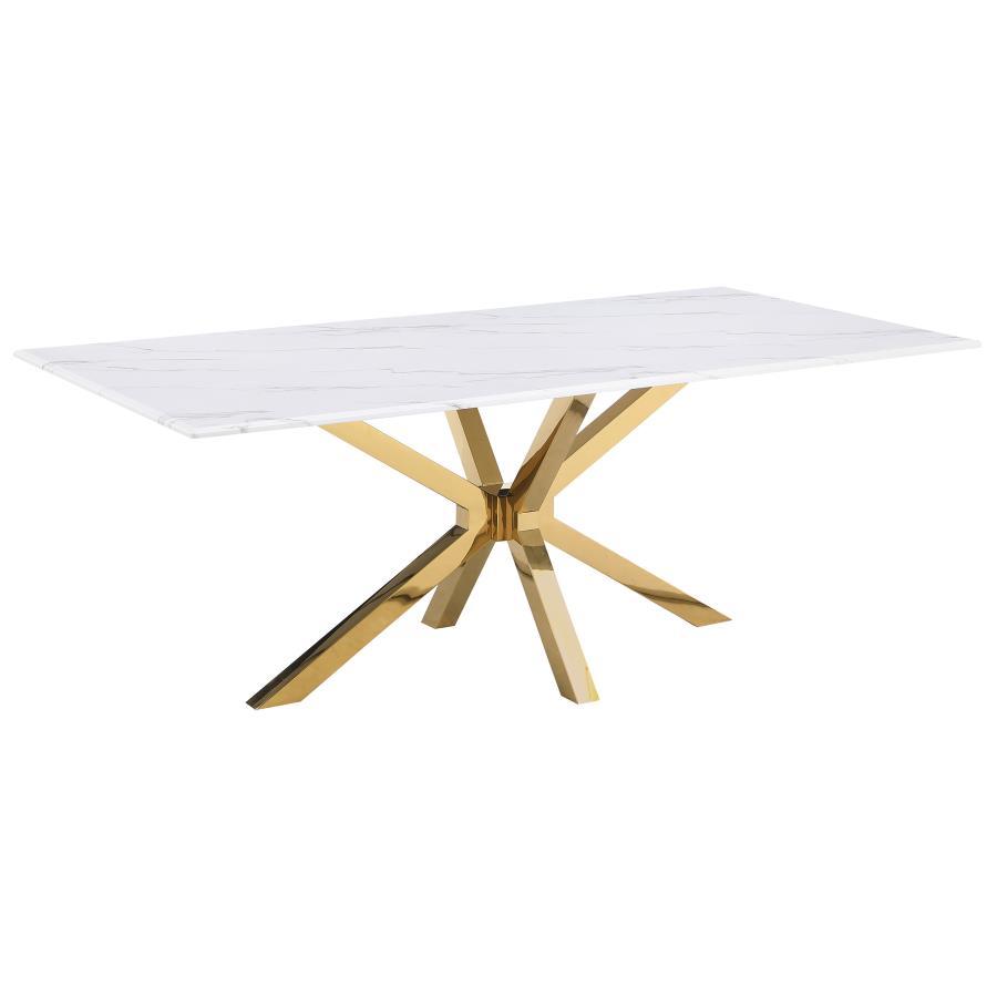 Elevate your dining room with the essence of modern luxury embodied in this white and grey marble veneer dining table. The table, constructed with engineered marble veneer, china white marble, and MDF, features a gleaming white marble table top adorned wi