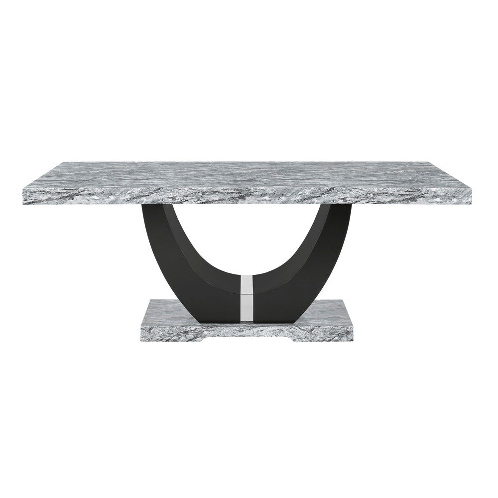 Transform your dining space with the Lyra Faux Marble Table, a blend of contemporary glam and practical design. This stunning table features a gray and black faux marble top that creates a striking contrast with its solid black U-shaped pedestal base. Con