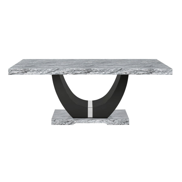  a blend of contemporary glam and practical design. This stunning table features a gray and black faux marble top that creates a striking contrast with its solid black U-shaped pedestal base. Con