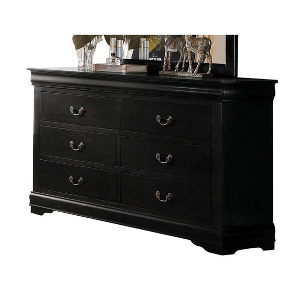 The Louis Philippe Dresser in black finish is constructed of solid wood in finish options for customization. It features six drawers with metal drop handle pulls, perfect for storing clothing and bedding. Add the optional mirror to create a complete set<b