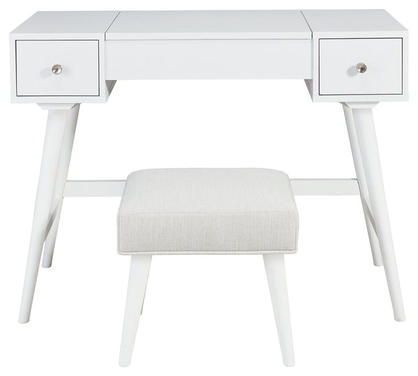  the mid-century inspired design of this vanity set in white is packed with possibilities. The flip-top design makes it doubly handy as a vanity or writing table