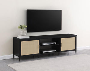  perfect for accommodating up to a 75-inch TV. The modern design features two door cabinets with stylish radio weave polyethylene (PE) rattan fronts