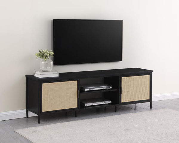  perfect for accommodating up to a 75-inch TV. The modern design features two door cabinets with stylish radio weave polyethylene (PE) rattan fronts