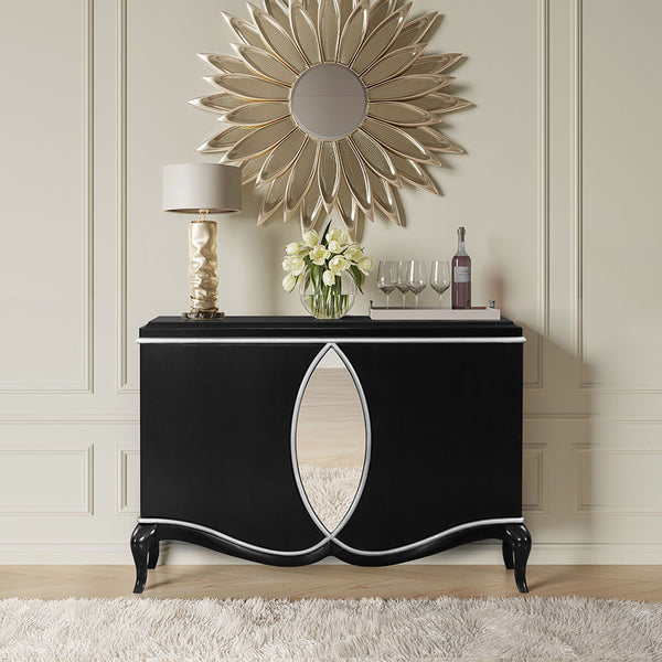 Console Cabinet - Black<br/><br/><b>Product Features</b><ul><li>Exclusive Design</li><li>Mirror Trim Inlay</li><li>Magnetic Catch Included</li></ul><br/>
