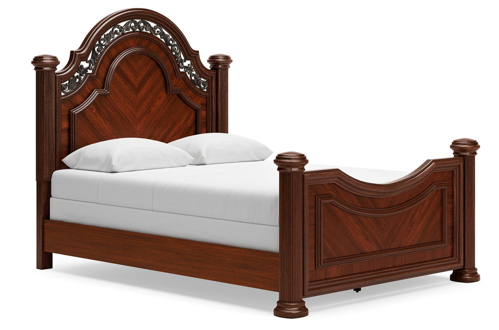 Take inspiration from the traditional luxury of this queen poster bed. Classic with a rich cherry brown finish, its stately presence graces your room with an air of opulence. Your taste for exquisite details is satisfied with the headboardâ€™s ornate acce