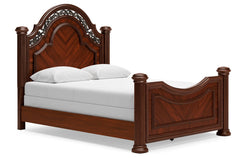 Take inspiration from the traditional luxury of this queen poster bed. Classic with a rich cherry brown finish, its stately presence graces your room with an air of opulence. Your taste for exquisite details is satisfied with the headboardâ€™s ornate acce