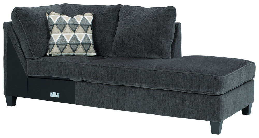 This right-arm facing corner chaise is made with polyester upholstery. Pairs with other items in the series to make a sectional.<br><br><b>Additional Dimensions</b><br><ul><li>Arm height: 27-"</li><li>Leg height: 4.5-"</li><li>Minimum width of doorway for