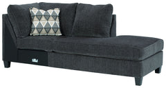 This right-arm facing corner chaise is made with polyester upholstery. Pairs with other items in the series to make a sectional.<br><br><b>Additional Dimensions</b><br><ul><li>Arm height: 27-"</li><li>Leg height: 4.5-"</li><li>Minimum width of doorway for