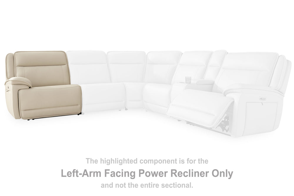 This left-arm facing power recliner is made with leather and faux leather upholstery. Pairs with other items in the series to make a sectional.<br><br><b>Additional Dimensions</b><br><ul><li>Seat width: 30-"</li><li>Seat depth: 22.38-"</li><li>Seat height