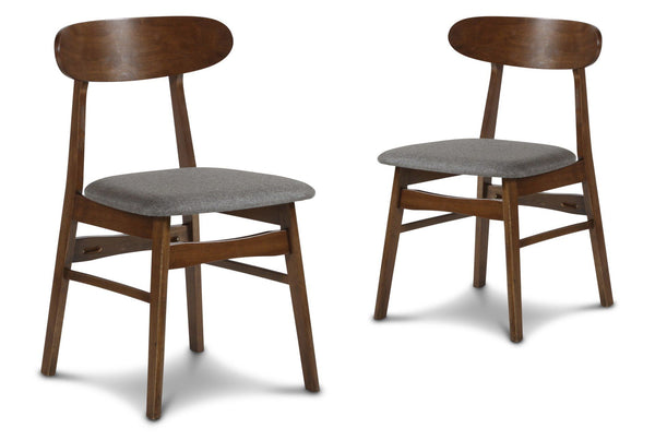 The New Classic Morocco Dining Chairs are a picture of Mid-Century Modern design with tapered legs, curved oval seatbacks, and classic walnut brown color. Easy care, dark gray 100% polyester foam cushions provide comfortable seating. A perfect accent chai