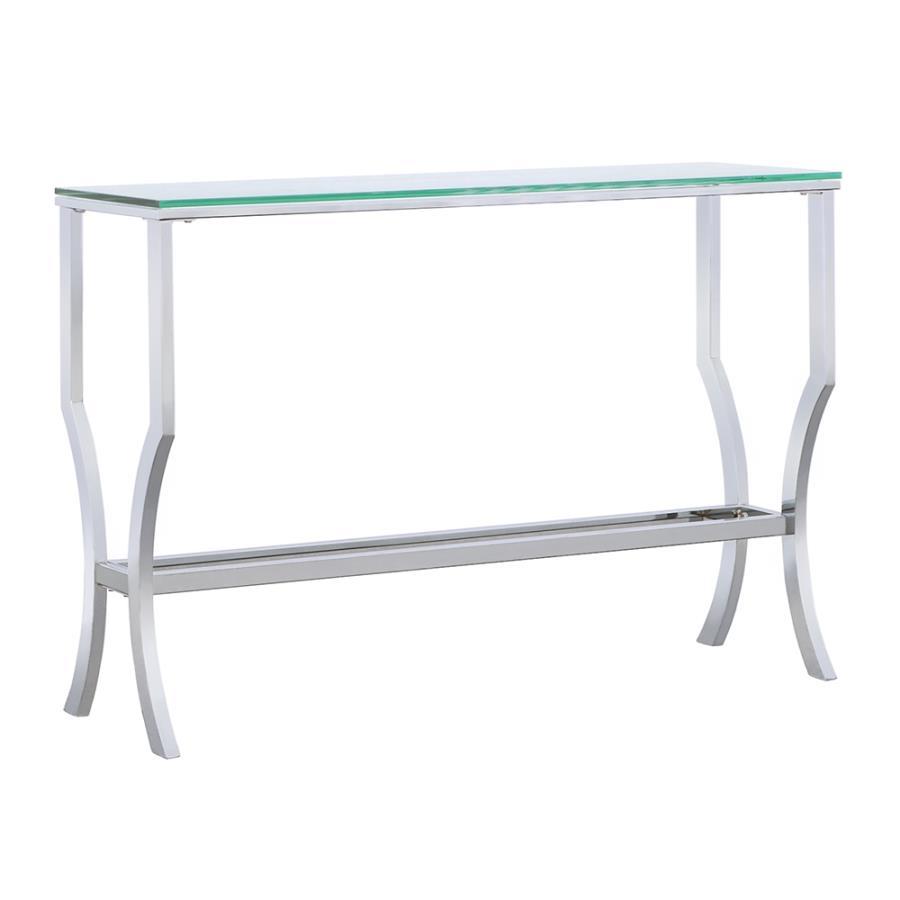 Add modern sophistication to your home with this sleek rectangular console table. Featuring a clear tempered glass top and a matching lower shelf, it offers ample space for storage or display. The elegant curved legs and open design enhance its airy, cont