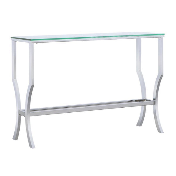 Add modern sophistication to your home with this sleek rectangular console table. Featuring a clear tempered glass top and a matching lower shelf, it offers ample space for storage or display. The elegant curved legs and open design enhance its airy, cont