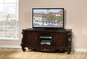 The Versailles the TV Stand was inspired by old European design. This collection features carved scrollwork accent on legs and trim base. Carefully crafted with selected wood and veneers in cherry oak finish with hand brush accents. Offers plenty of space