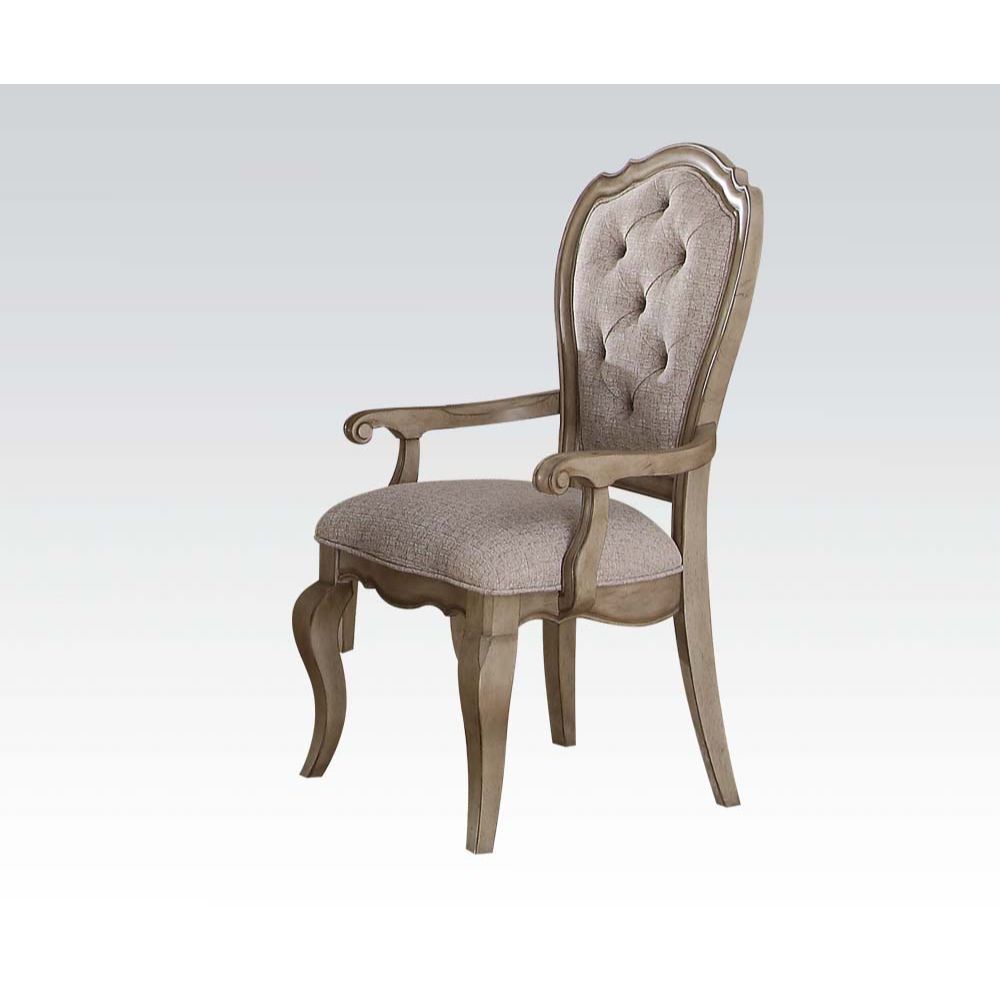 KD, Arm Chair Wooden Trim, Padded SEAT & BACK: Beige Fabric Cushion Button Tufted: Inside Backrest Welt Included: Backrest & Seat Wooden Curved Apron Seat Wooden Armrest (Arm Size: 25 Inches, Clearance between Arms: 21 inches) Wooden Cabriole Leg Q&A] Cle
