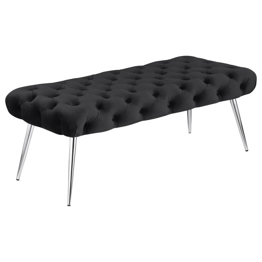 Enhance your living area, bedroom, or entryway with this sophisticated bench, skillfully blending timeless tufting and plush upholstery for a luxurious look and feel. Its meticulous button-tufted top adds depth and dimension, while slender metal legs prov