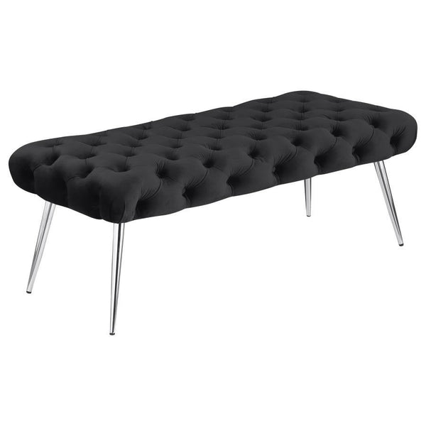 Enhance your living area, bedroom, or entryway with this sophisticated bench, skillfully blending timeless tufting and plush upholstery for a luxurious look and feel. Its meticulous button-tufted top adds depth and dimension, while slender metal legs prov