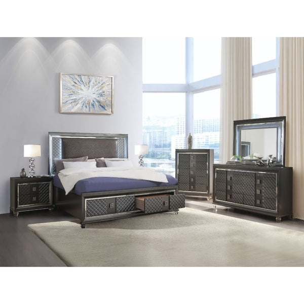 The clean lines and contemporary look of the Sawyer storage bedroom collection make it an ideal addition to any bedroom. This beautiful metallic gray modern group features mirror trim accents, grid patterned front panels, crystal knobs. The storage bed is