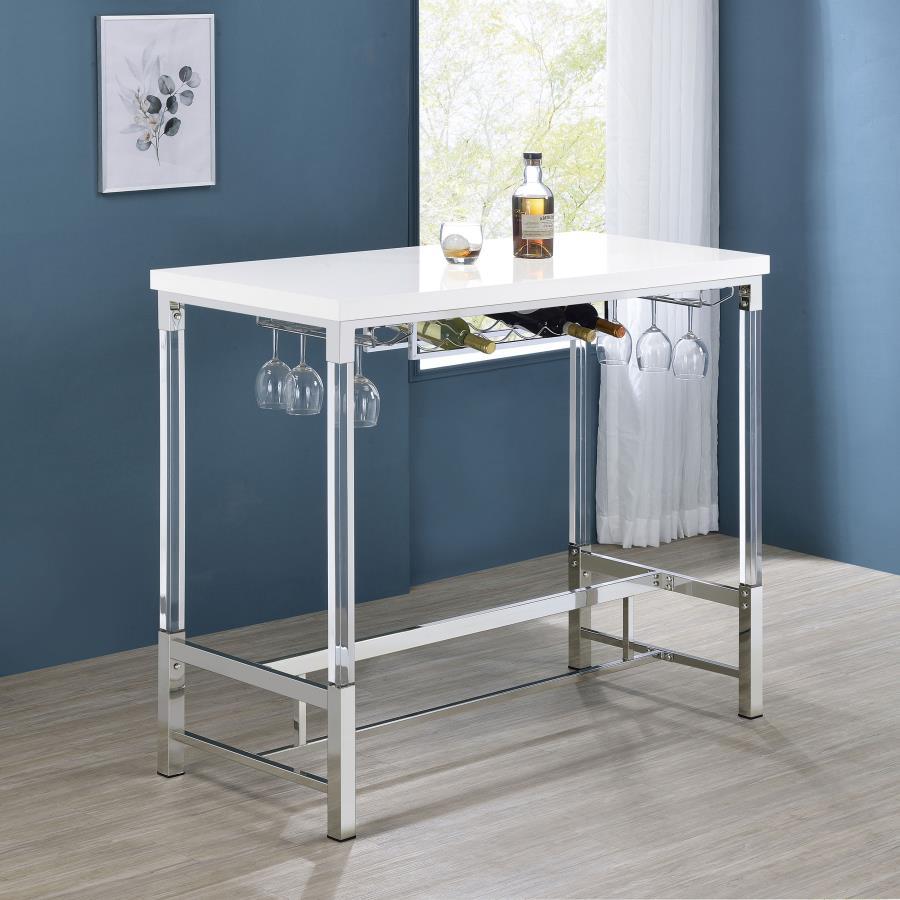 Create the ideal spot to share a bottle of wine with friends with a contemporary bar table. Perfect for two to four, it boasts a crisp, streamlined silhouette with an elevated tabletop in a bright white finish. The base features a silver finish and trestl
