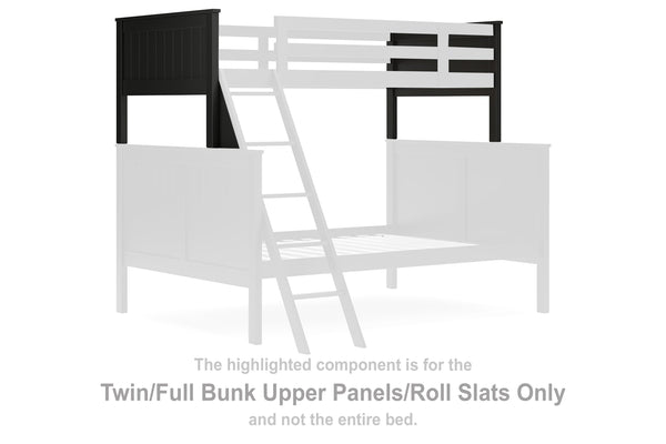 This set of twin-over-full bunk bed upper panels and roll slats is made with solid hardwood and MDF substrate. Pairs with other items in the series to make a bed kit.<br/><br/><b>Product Features</b><ul><li>Compatible with other B396 items, sold separatel