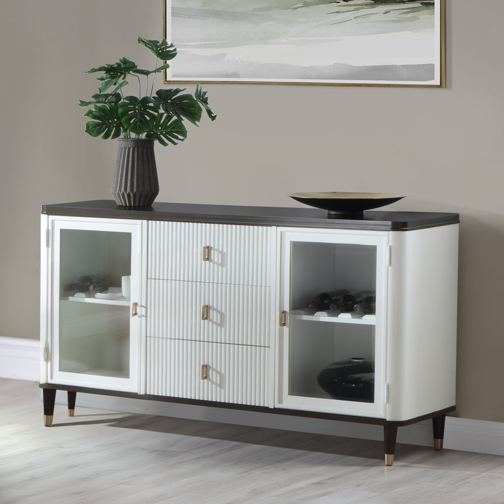 The Carena dining set exudes timeless elegance with its white and brown finish. The rectangular dining table features an extension top, perfect for hosting larger gatherings. Paired with stylish side chairs and a matching server, this set combines form an