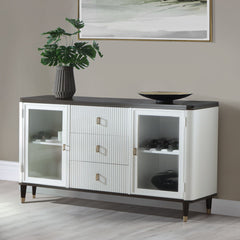The Carena dining set exudes timeless elegance with its white and brown finish. The rectangular dining table features an extension top, perfect for hosting larger gatherings. Paired with stylish side chairs and a matching server, this set combines form an