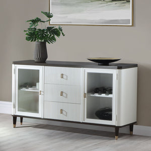 The Carena dining set exudes timeless elegance with its white and brown finish. The rectangular dining table features an extension top, perfect for hosting larger gatherings. Paired with stylish side chairs and a matching server, this set combines form an