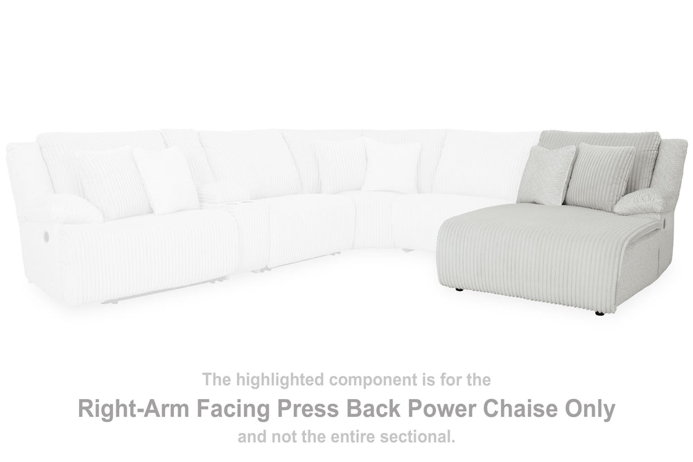 This right-arm facing power reclining back chaise is made with polyester upholstery. Pairs with other items in the series to make a sectional.<br><br><b>Additional Dimensions</b><br><ul><li>Leg height: 2.25-"</li><li>Minimum width of doorway for delivery: