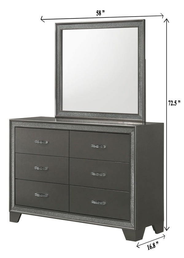  Mirror<h4><b>Kaia - Dresser - Dark Gray</b></h4> <table width="100%"><colgroup><col style="width: 30%"> <col style="width: 70%"> </colgroup> <tbody> <tr> <td>Dimensions</td> <td> 58.00"L x 16.88"D x 37.13"H</td> </tr> <tr> <td>Weight</td> 