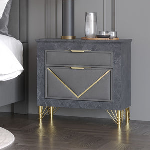 The Symmetry 2-Drawer Nightstand in Charcoal Gray blends style and function, making it a must-have for modern bedrooms. Crafted from premium woods with an eco-friendly gray marble laminate, it offers durability and a sleek look. Ultra-soft gray fabric dra