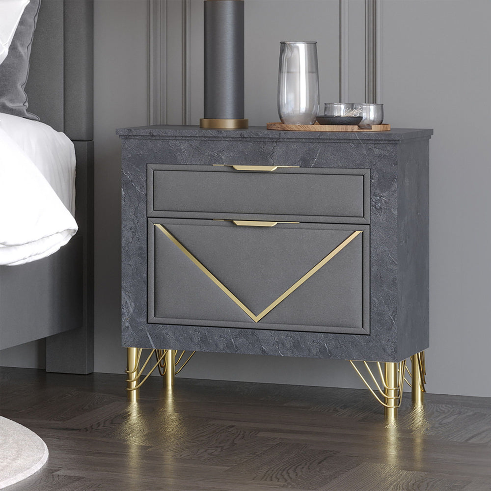 The Symmetry 2-Drawer Nightstand in Charcoal Gray blends style and function, making it a must-have for modern bedrooms. Crafted from premium woods with an eco-friendly gray marble laminate, it offers durability and a sleek look. Ultra-soft gray fabric dra
