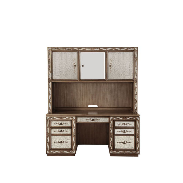 Inspired by mid-century royal style in Europe, our Orianne computer desk & hutch features vintage mirror fronts with raised scrolled floral inlays, making this piece beyond normal. The drawer is constructed with side metal glide and French front English b