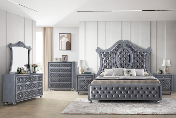  upholstered headboard is framed by an elegantly sculpted silhouette
