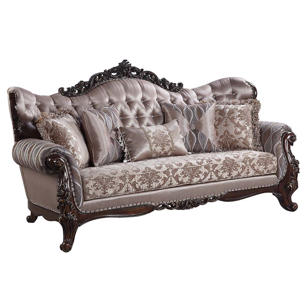 Enhance your formal living room with this elegant traditional 3-seater sofa. Part of the Wahkoowah collection, this sofa features an inner wooden frame that is sturdy. The outer wooden frame is finished with gold trimmings. Faux leather upholstery is used
