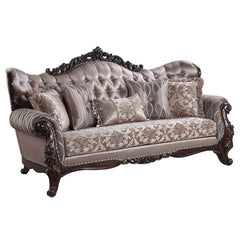 Enhance your formal living room with this elegant traditional 3-seater sofa. Part of the Wahkoowah collection, this sofa features an inner wooden frame that is sturdy. The outer wooden frame is finished with gold trimmings. Faux leather upholstery is used