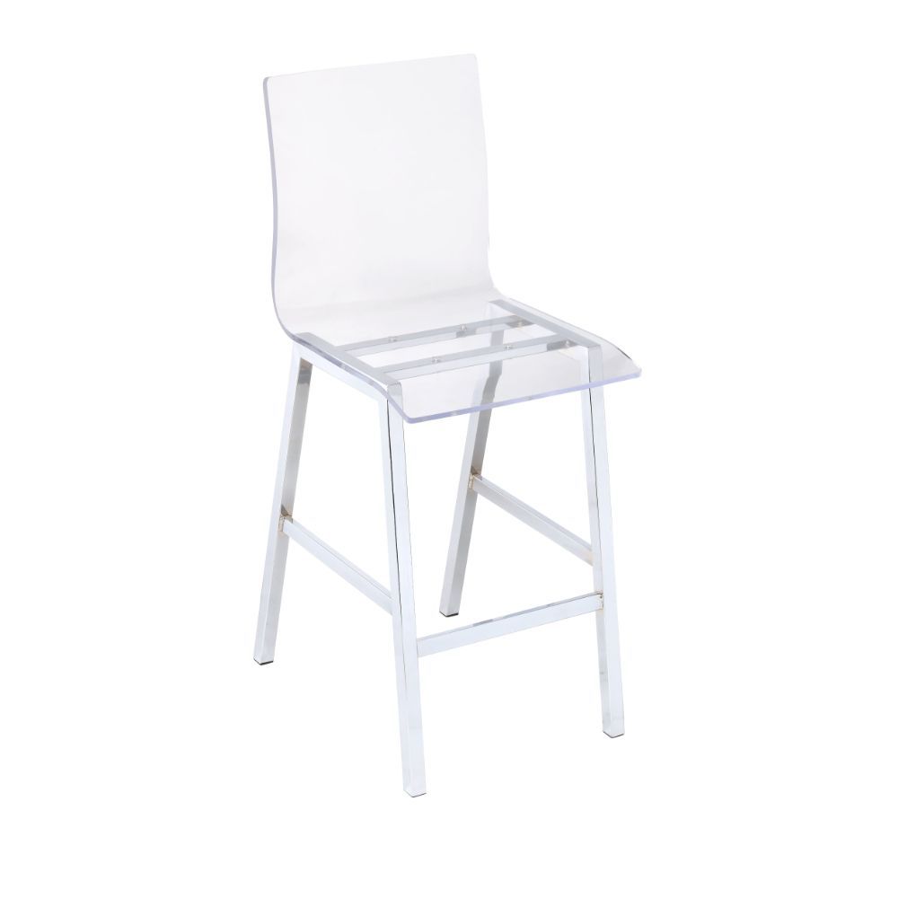 The Nadie counter height chairs feature bent acrylic seats and back support, formed to be comfortable yet stylish. With a chrome finish metal frame and heavy duty acrylic seat, these artistic chairs are sturdily and dependably built. Matching with the sta