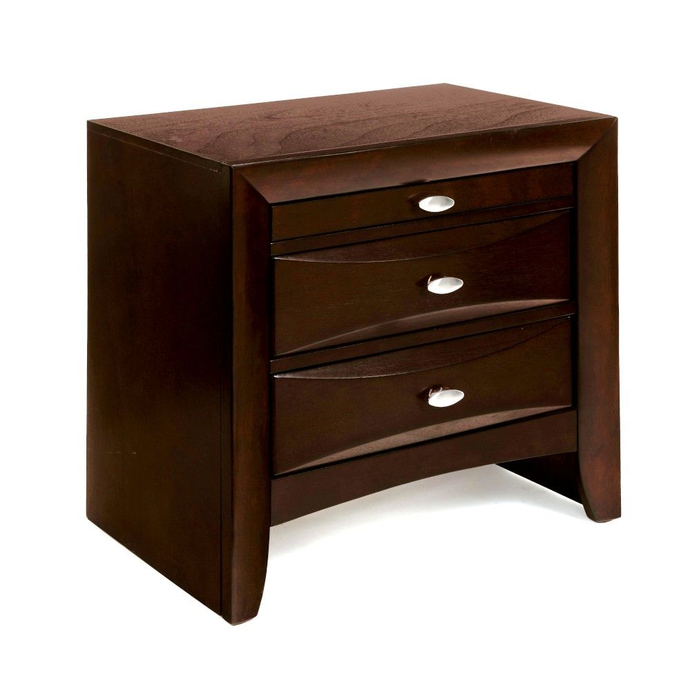 The Ireland nightstand in espresso finish keep essentials close by with 2 storage drawers and 1 pull-out tray. Pull out tray offers you additional surface area. Drawer fronts are beveled and all drawers have English dovetail with center metal glides. Comp