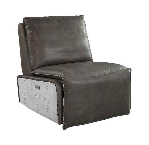 A perfect mixture of industrial style and comfort. The Metier Power Motion Recliner is accented by genuine leather and aluminum patchwork for a complete industrial look. It features tight seat with back cushions and offers a full foam seat with genuine le