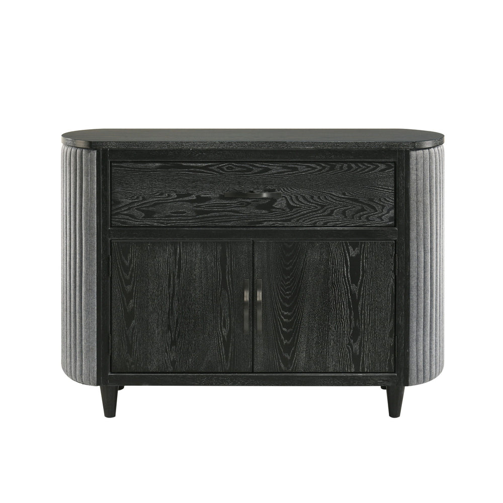 The Skyline Server in Onyx blends modern design with functionality, making it a versatile addition. Crafted from solid Rubberwood, engineered woods, and Ash veneers, it offers durability and style. The Onyx Black finish with gray glazing enhances the wood