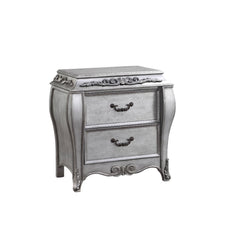 2 Drw Case-Leg Wooden Frame with Raised Scrolled-Floral Motifs Wooden Cabriole Leg Shape: Rectangular (Bowed)<br/><br/><b>Product Features</b><ul><li>Case: 1Pc/1Ctn</li><li>Finish: Vintage Platinum</li><li>Style: Glam</li><li>Materials: Wood, Wood Veneer,