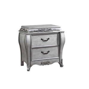 2 Drw Case-Leg Wooden Frame with Raised Scrolled-Floral Motifs Wooden Cabriole Leg Shape: Rectangular (Bowed)<br/><br/><b>Product Features</b><ul><li>Case: 1Pc/1Ctn</li><li>Finish: Vintage Platinum</li><li>Style: Glam</li><li>Materials: Wood, Wood Veneer,