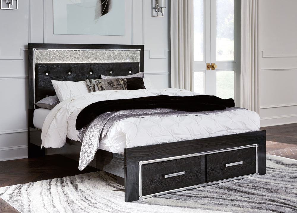 Rest easy. The luxurious look youâ€™ve been dreaming of is yours for the taking, at a price sure to put you at ease. This queen upholstered panel bed with storage brings a sense of old Hollywood with a contemporary flair. A deep, dark finish, faceted chro