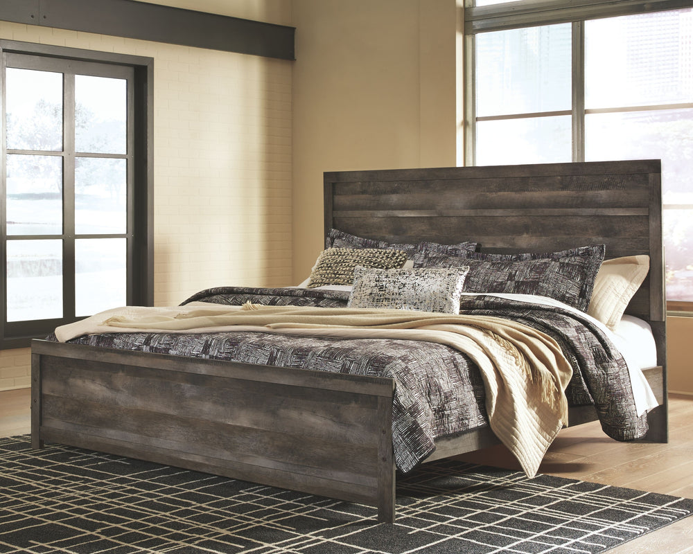 This king panel bed is sure to win your heart with its daring, designer take on modern rustic. The bedâ€™s crisp, clean and minimalist-chic profile is enriched with a striking replicated oak grain with thick plank styling and a weathered gray finish for t