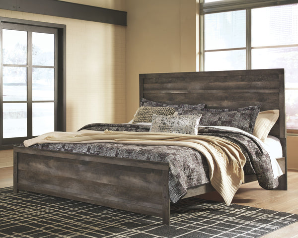 This king panel bed is sure to win your heart with its daring, designer take on modern rustic. The bedâ€™s crisp, clean and minimalist-chic profile is enriched with a striking replicated oak grain with thick plank styling and a weathered gray finish for t