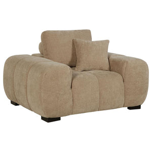 Transform your reading nook or living area into a haven of comfort with this mid-century inspired chair. Its wide, rounded arms and plush, tufted waterfall seat invite you to relax, while soft, neutral upholstery enhances its cozy appeal. A durable frame 