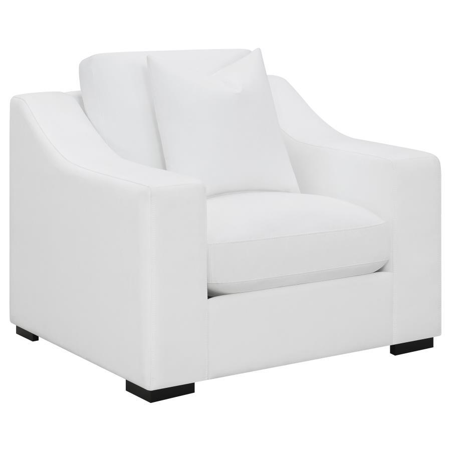Create your favorite cozy reading nook with this transitional lounge chair, upholstered in a white trillium polyester blend fabric across elegant sloped track armrests and a tailored top-stitched reversible box seat and back cushion. A solid wood frame be
