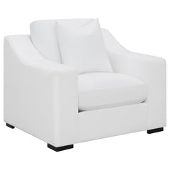 Create your favorite cozy reading nook with this transitional lounge chair, upholstered in a white trillium polyester blend fabric across elegant sloped track armrests and a tailored top-stitched reversible box seat and back cushion. A solid wood frame be