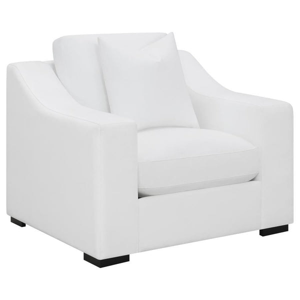 Create your favorite cozy reading nook with this transitional lounge chair, upholstered in a white trillium polyester blend fabric across elegant sloped track armrests and a tailored top-stitched reversible box seat and back cushion. A solid wood frame be